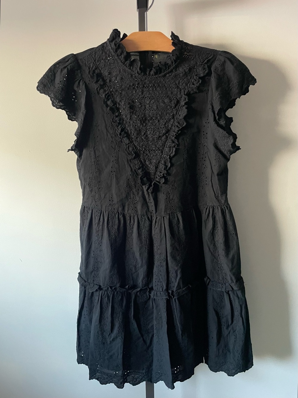 100% Cotton Eyelet Lace Floral Embroidered Black Dress Ruffled High Neck
